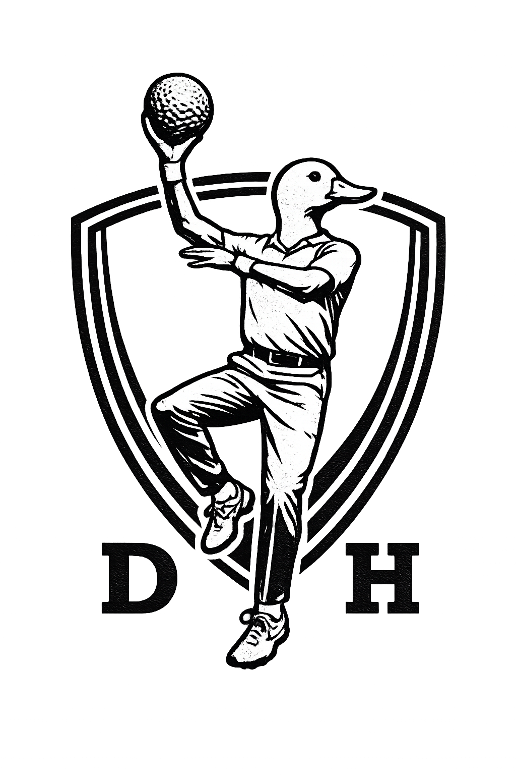 Duck Hook Golf logo - a duck performing a sky hook shot with a golf ball, framed in a shield with DH initials